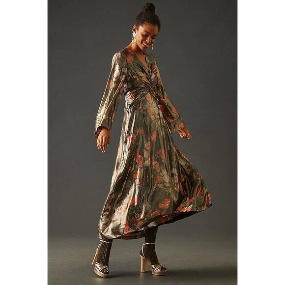 New Anthropologie Caballero Deep V-Neck Maxi Dress $248 X-SMALL Floral - Picture 1 of 10